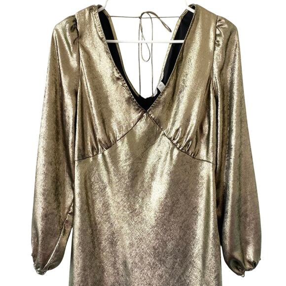 NEW NINE EIGHT Gold Shimmer Midi Dress Size Medium V Neck Balloon Long Sleeve - Picture 2 of 5